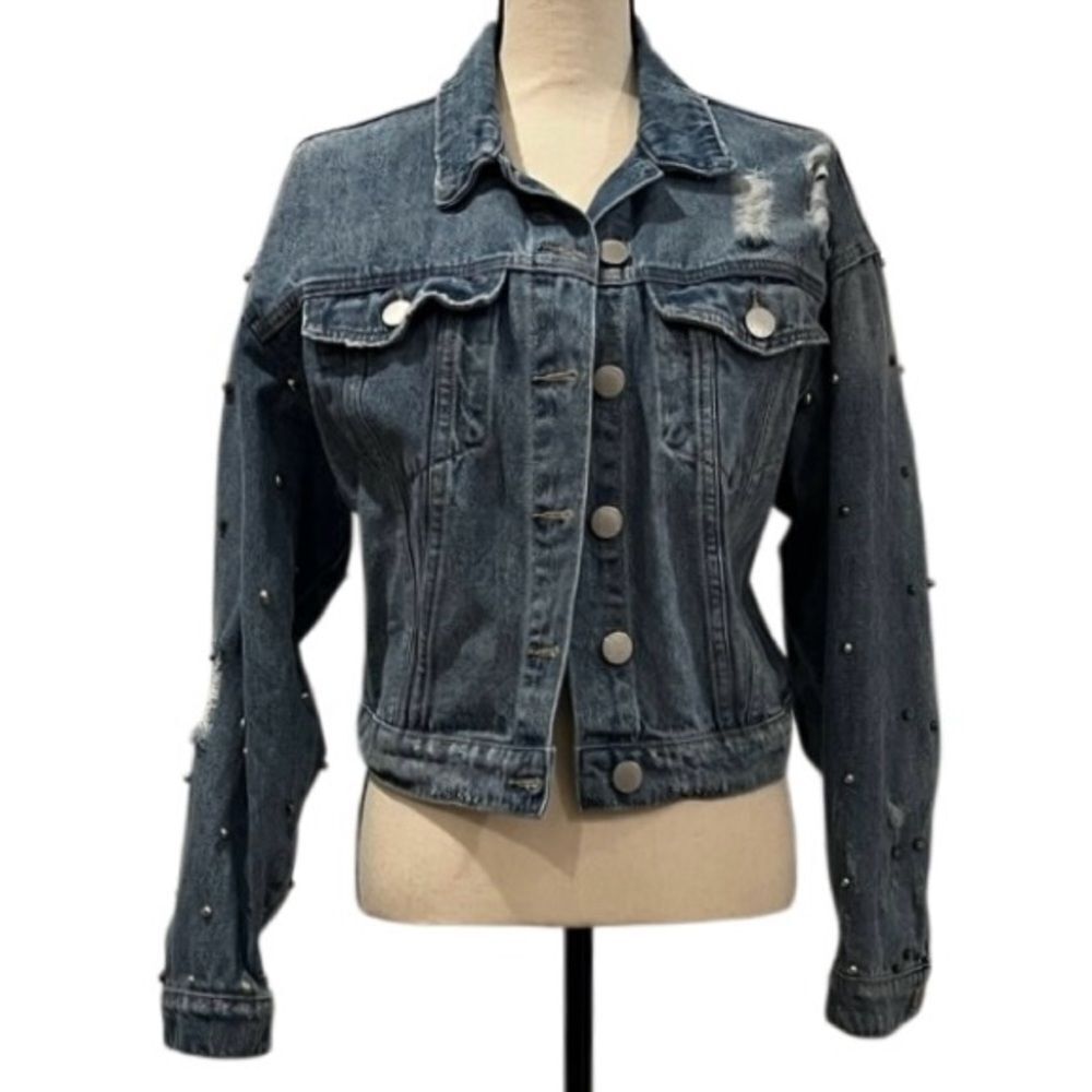 City Chic Cropped Distressed Denim Jacket w/ Embellished Sleeves